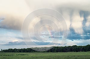 Fluffy clouds and rainbow over the forest. Landscape of spring forested valley and beautiful cloudy sky