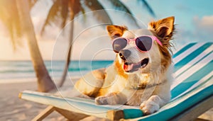 Fluffy Corgi dog wearing sunglasses laying happy on the sunbed at tropical beach. Summer holiday for pets resting at the sea