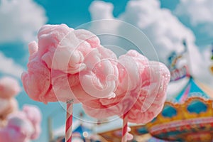Fluffy cotton candy, candy floss sweet teat on a stick