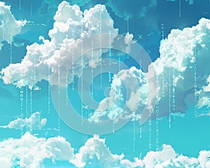 Fluffy, cottoncandy clouds drifting across a skyblue background, each cloud trailing strings of binary code like kite tails ,