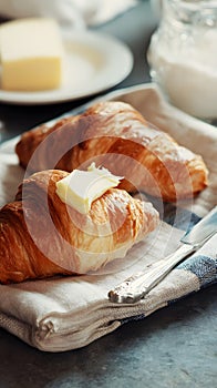Fluffy croissants with butter on napkin, breakfast setting with clear upper space