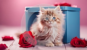 Fluffy cute kitten in a gift box. Greeting card for Valentine's Day, Birthday