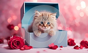 Fluffy cute kitten in a gift box. Greeting card for Valentine's Day, Birthday