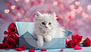 Fluffy cute kitten in a gift box. Greeting card for Valentine's Day, Birthday