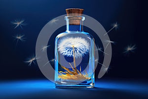 Fluffy dandelion bell in a corked glass bottle.AI generated