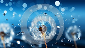 Fluffy dandelion seed flying in blue meadow, nature fragility generated by AI