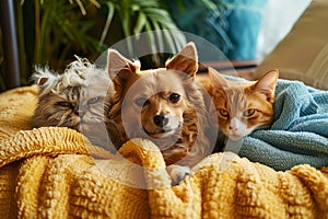 A fluffy dog and two adorable cats share a snuggle on a couch, wrapped in a soft, warm blanket