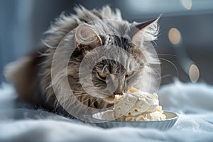 Fluffy Domestic Cat Mesmerized by Creamy Birthday Cake on Table with Cozy Home Backdrop