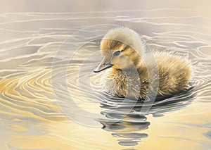 A fluffy duckling darting around a lake and leaving tiny ripples behind. Cute creature. AI generation