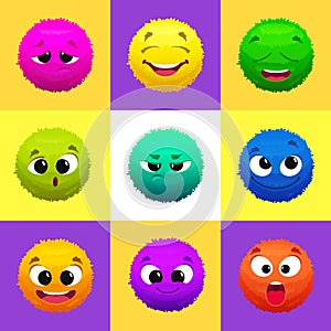 Fluffy emoticons. funny cartoon faces on colored emoticons. Vector cartoon template