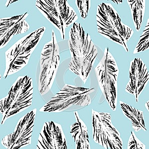 Fluffy feather pattern seamless vector background design. Black ink feathers on white paper cutout shapes on pastel blue