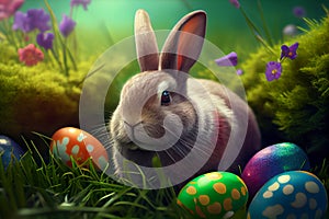 Fluffy foxy rabbit on grass with Easter eggs in park