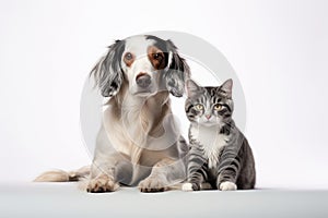 Fluffy friends cat and dog on a white background.