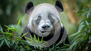 A fluffy giant panda lounges on lush bamboo shoots, its fur contrasting starkly with the greenery