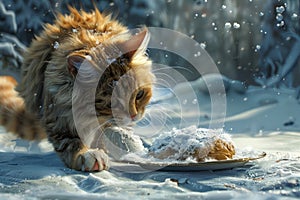 Fluffy Ginger Cat Curiously Sniffing Delicious Pastry on Snowy Winter Day Charming Feline Exploring Dessert Outdoors with