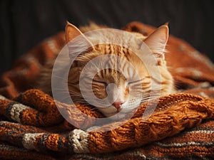Fluffy ginger cat sleeps sweetly.