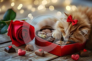 Fluffy ginger kitten fallen asleep on top of heart shaped box of chocolates. AI generated illustration.