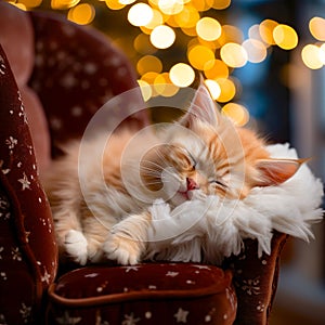 A fluffy ginger kitten sleeps in an armchair against the background of blurred Christmas lights.