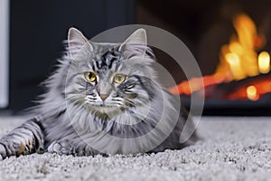 Fluffy Gray Cat Near The Fireplace