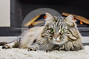 Fluffy Gray Cat Near The Fireplace