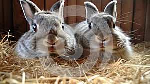 Fluffy Gray Rabbits in a Cozy Backyard Hutch