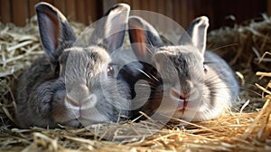 Fluffy Gray Rabbits in a Cozy Backyard Hutch