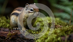 Fluffy gray squirrel eating grass, looking at camera with alertness generated by AI