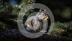 Fluffy gray squirrel sitting on tree branch, looking at camera generated by AI