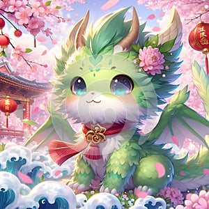 A fluffy green dtagon, posing in cute, in chinese new year athmosphere, mei hwa flower, waves, lampion, digital anime art