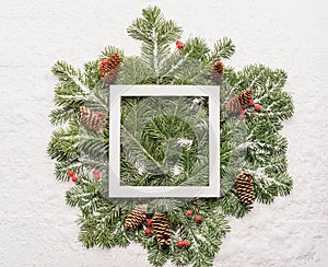 Fluffy green spruce branches white frame wooden background. Christmas concept