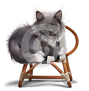 Fluffy grey cat sitting on a chair. Watercolor painting