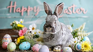 Fluffy grey fur bunny sits among spring flowers and colorful painted eggs on light blue wooden background