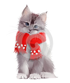 Fluffy grey kitten in red scarf. Watercolor drawing