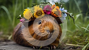 Fluffy guinea pig enjoys dandelion in green meadow outdoors generated by AI