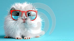 A fluffy guinea pig with red glasses on a blue background.