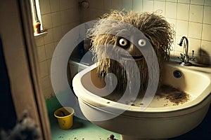 Fluffy hairy dirty monster in sink siphon and pipes