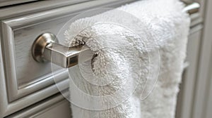 A fluffy kitchen towel dd over the door handle used to clean up any spills or messes