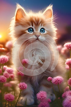 a fluffy kitten curly flowers realistic photo solar glare sunset ultra generated by ai