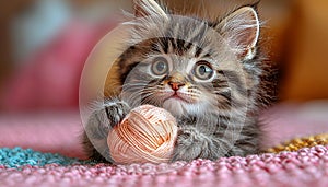 Fluffy kitten playing with ball of wool string generated by AI
