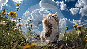 A fluffy kitten sits on a rock in a field of flowers, looking up. Generative AI