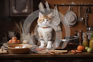 Fluffy kitty sitting kitchen tabletop. Generate ai