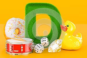 Fluffy letter D with rubber duck, drum, donut, diamond, dice. Kids ABC, 3D rendering