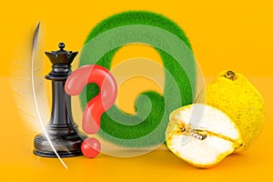 Fluffy letter Q with quill, question mark, queen chess, quince. Kids ABC, 3D rendering