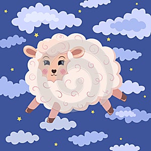 Fluffy little sheep, flying on the sky with clouds and stars. Vector isolated illustration.