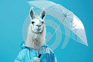 Fluffy llama with clear umbrella in light blue raincoat - rain weather preparedness photo