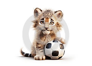 Fluffy lynx cub sitting with a soccer ball on a white background. Cartoon little character for children\'s competition