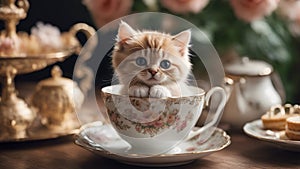 fluffy Maine Coon kitten with a playful glint in its eyes, sitting snugly in an oversized porcelain teacup