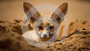 Fluffy mammal ear in sunlight, looking at camera, alertness generated by AI