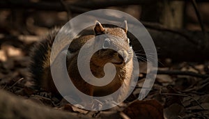 Fluffy mammal sitting on tree branch, looking at camera generated by AI