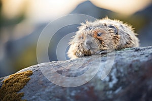 fluffy marmot on a jagged sunbathed rock